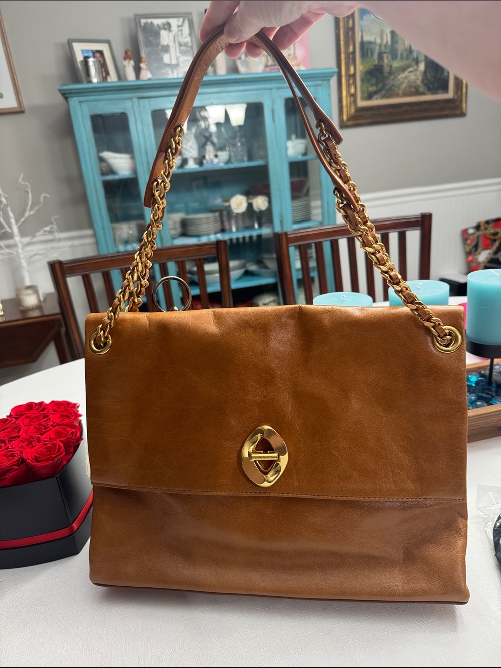 Rebecca Minkoff large G Shoulder Bag in Cognac Brown with Gold Hardware
